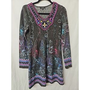 Womens Sz Small Radzoli Fleece Dress Embroidered Beads Art To Wear Floral Boho